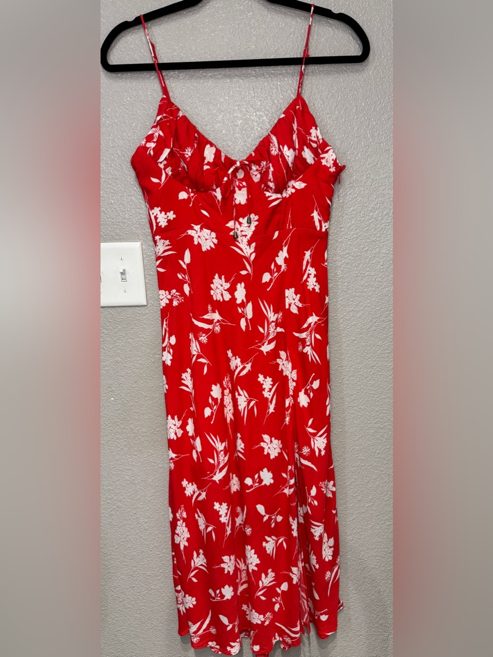 Here Comes the Sun Red White Floral Midi Dress Rayon Sundress Size M
